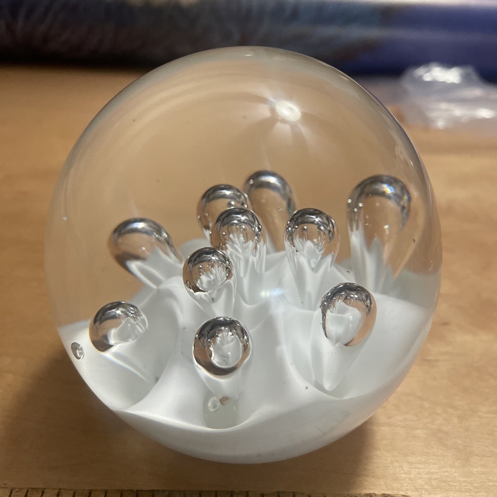 VTG Hand Blown Heavy Paper Weight Clear to White Controlled Bubbles Statement!